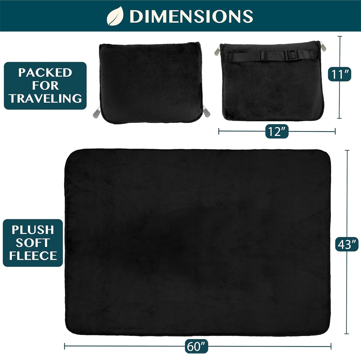 Travel Blanket Pillow, Soft Blanket 2-In-1 Combo Set, Compact Packable 60x43 Black