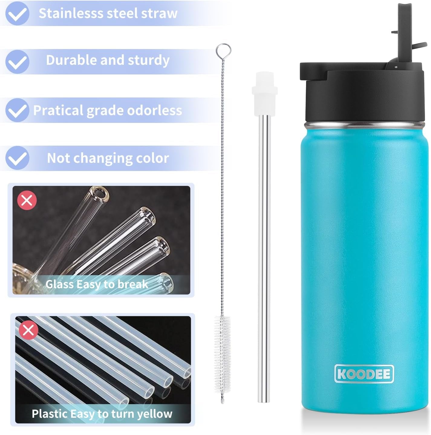 Water Bottle with Straw 16 Oz Stainless Steel Double Wall Vacuum Insulated Wide Mouth Water Bottle Flask with Leakproof Straw Lid (Sky Blue)