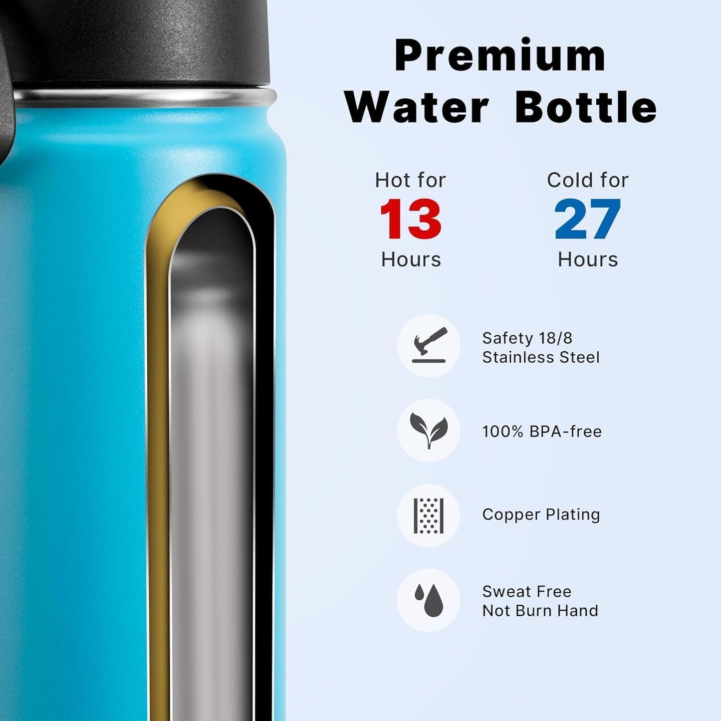 Water Bottle with Straw 16 Oz Stainless Steel Double Wall Vacuum Insulated Wide Mouth Water Bottle Flask with Leakproof Straw Lid (Sky Blue)