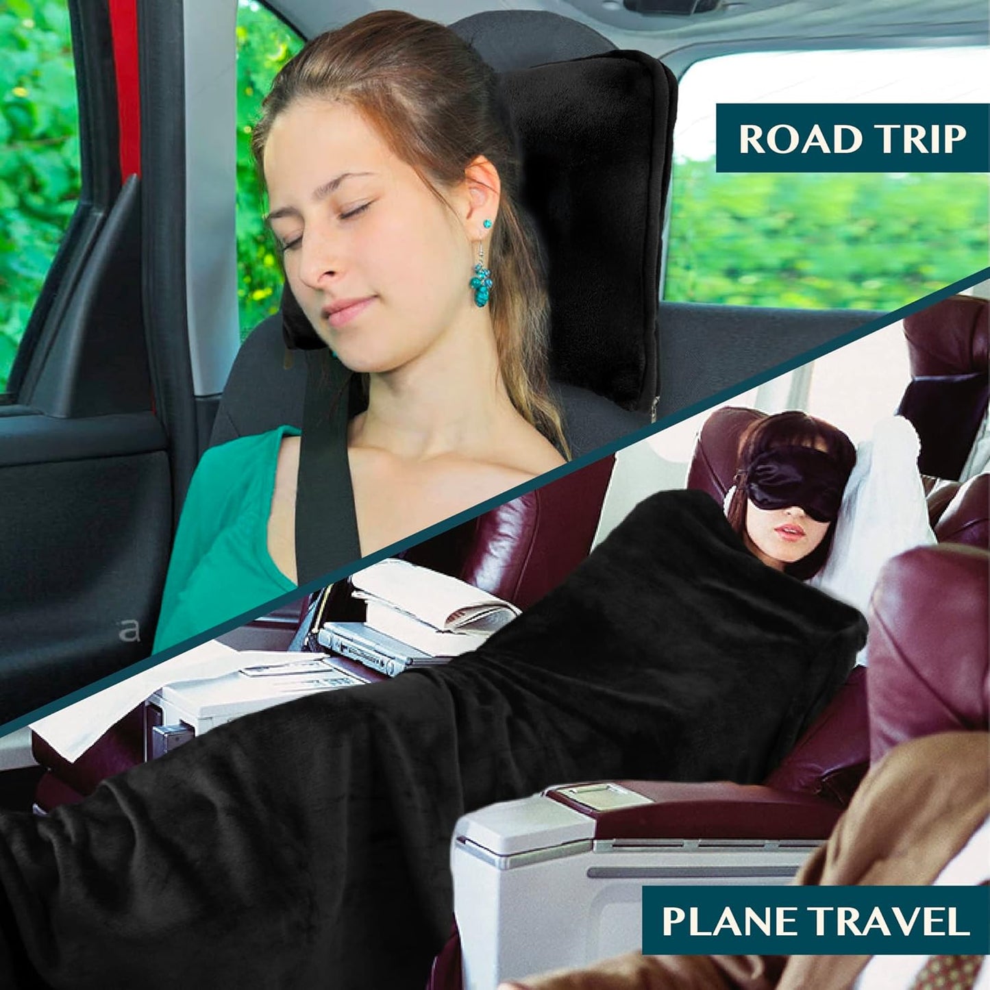 Travel Blanket Pillow, Soft Blanket 2-In-1 Combo Set, Compact Packable 60x43 Black