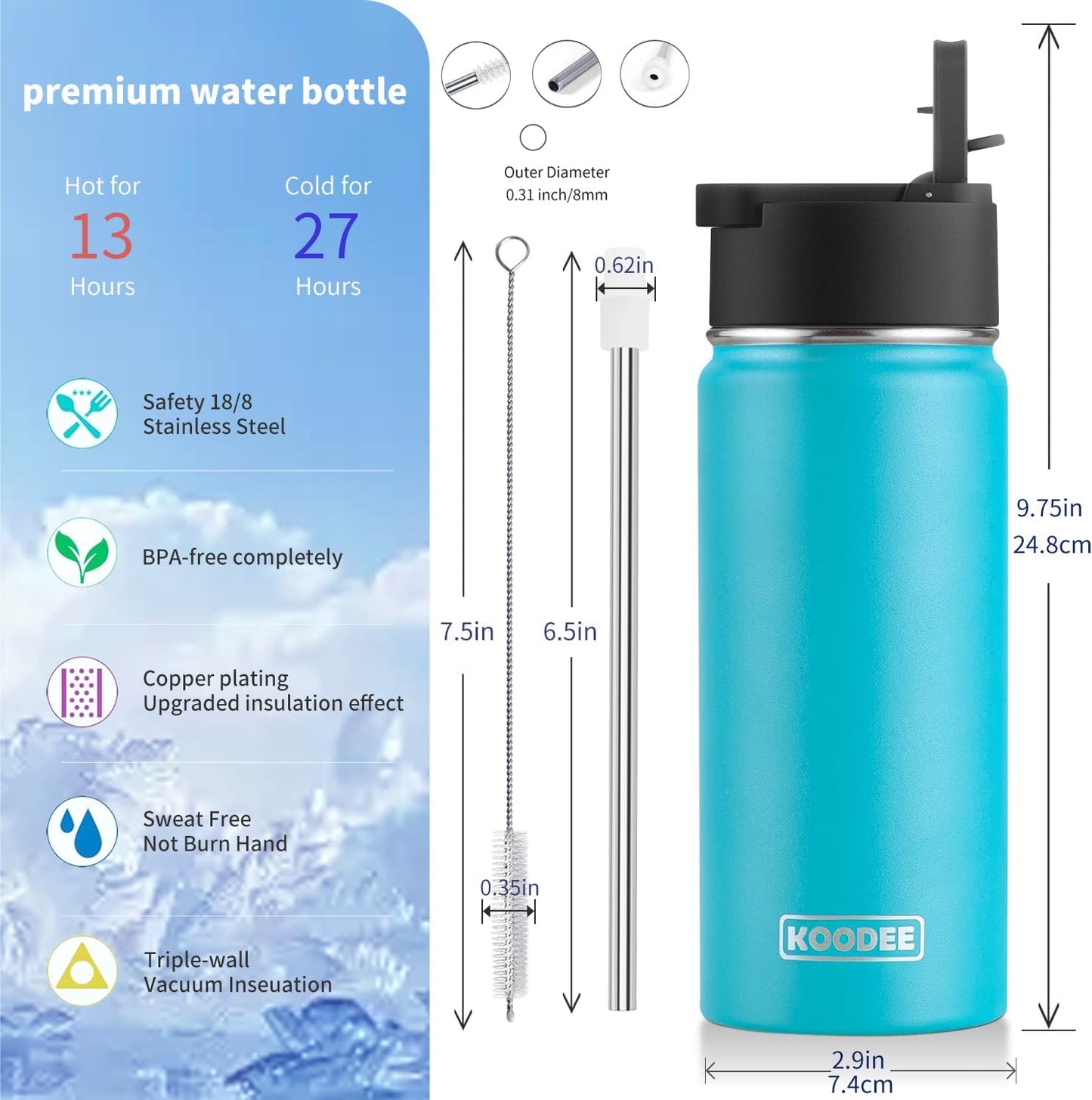 Water Bottle with Straw 16 Oz Stainless Steel Double Wall Vacuum Insulated Wide Mouth Water Bottle Flask with Leakproof Straw Lid (Sky Blue)