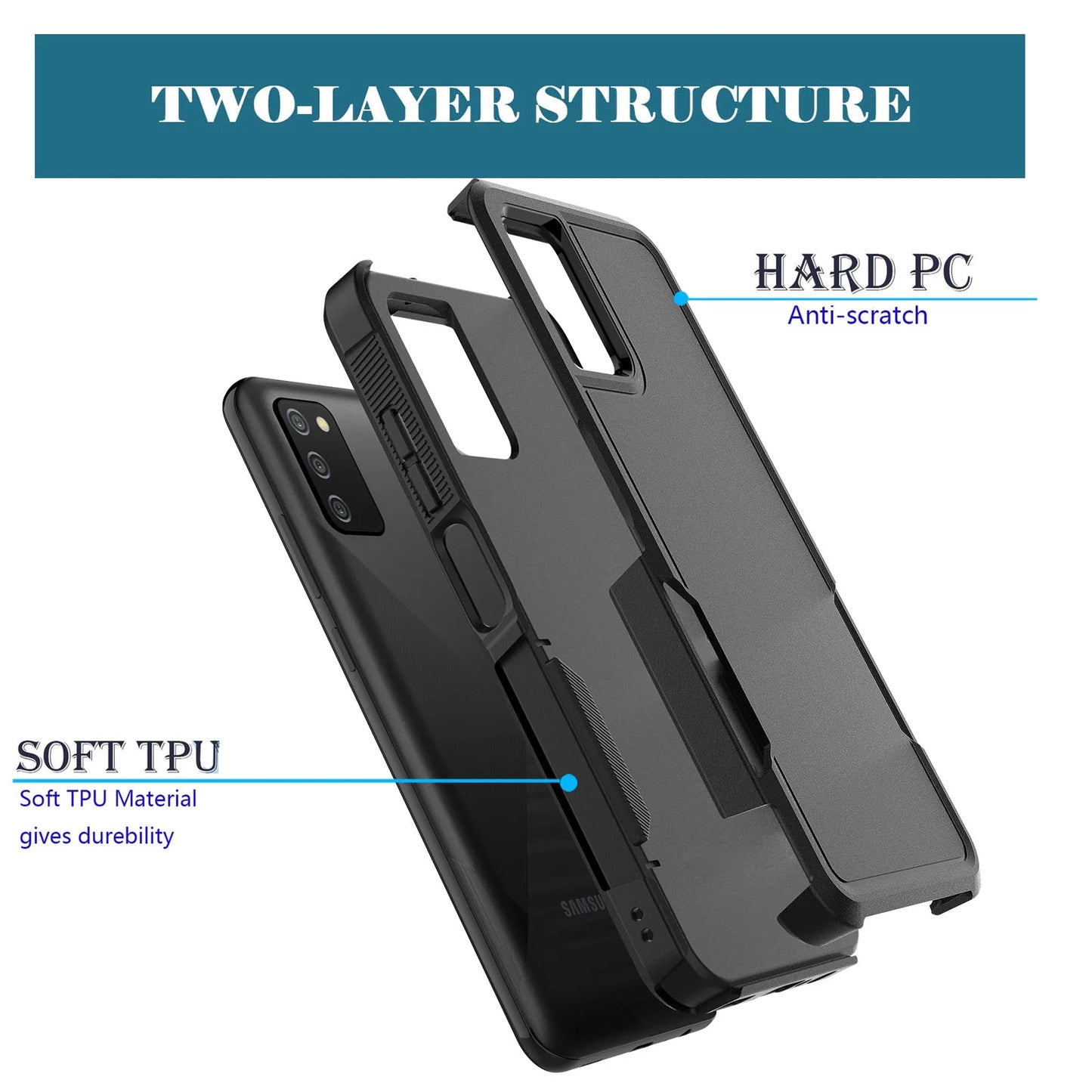 For Samsung Galaxy A03S A13 A14 A23 A32 A34 A53 A54 5G Case, 2 in 1 PC Phone Case ,Rubber & Rugged Shockproof Full Body Protection Case Cover-Black