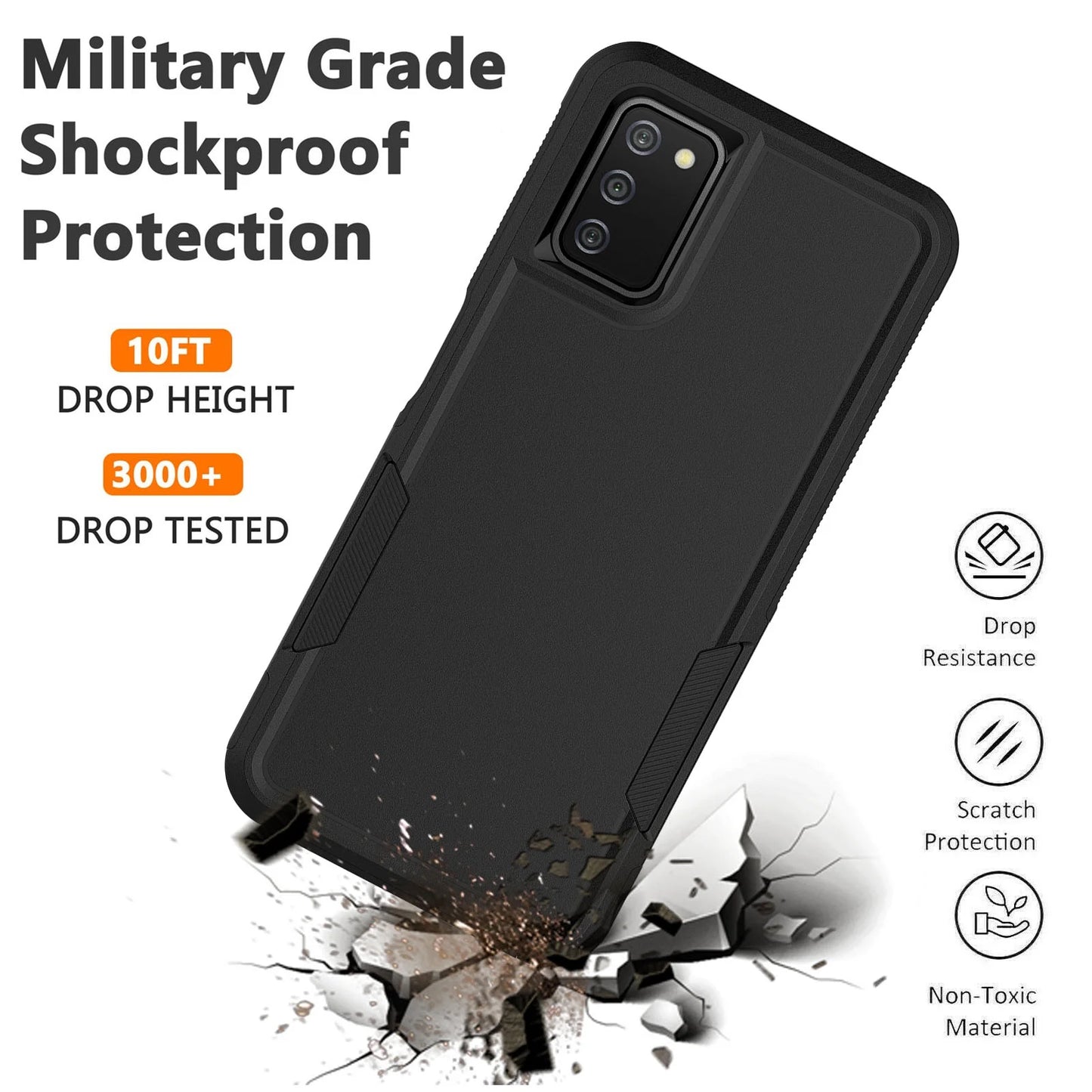 For Samsung Galaxy A03S A13 A14 A23 A32 A34 A53 A54 5G Case, 2 in 1 PC Phone Case ,Rubber & Rugged Shockproof Full Body Protection Case Cover-Black