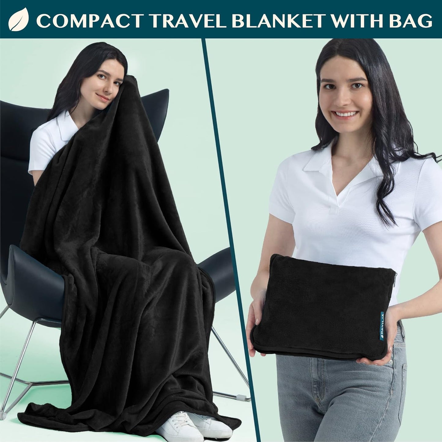 Travel Blanket Pillow, Soft Blanket 2-In-1 Combo Set, Compact Packable 60x43 Black