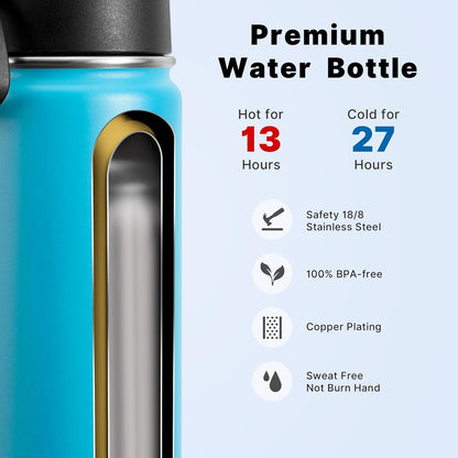 Water Bottle with Straw 16 Oz Stainless Steel Double Wall Vacuum Insulated Wide Mouth Water Bottle Flask with Leakproof Straw Lid (Sky Blue)