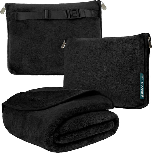Travel Blanket Pillow, Soft Blanket 2-In-1 Combo Set, Compact Packable 60x43 Black