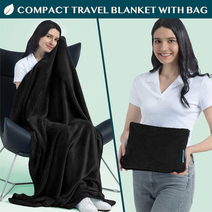 Travel Blanket Pillow, Soft Blanket 2-In-1 Combo Set, Compact Packable 60x43 Black