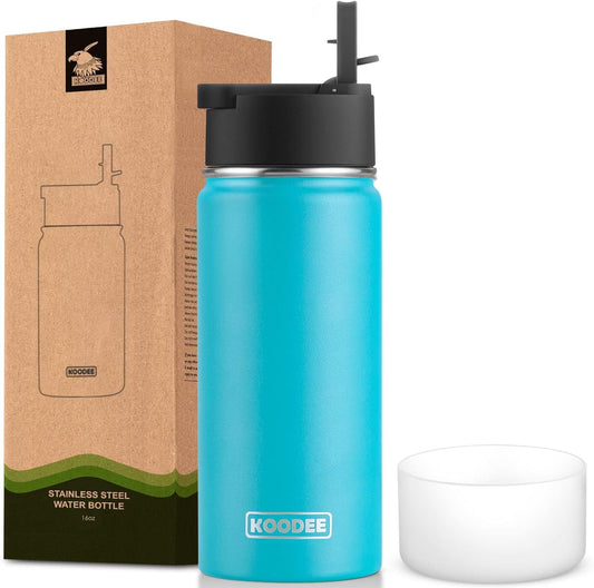 Water Bottle with Straw 16 Oz Stainless Steel Double Wall Vacuum Insulated Wide Mouth Water Bottle Flask with Leakproof Straw Lid (Sky Blue)